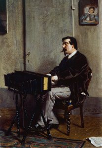 画家克里斯蒂亚诺-班蒂在乔万尼-波尔迪尼（1842-1931）的口琴旁，布面油画，28x19厘米 作者 乔凡尼·博尔迪尼（Giovanni Boldini）