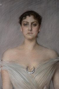 戴手套和扇子的白衣女士肖像，细节 作者 乔凡尼·博尔迪尼（Giovanni Boldini）