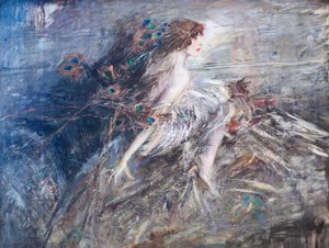 插着孔雀羽毛的卡萨蒂侯爵夫人肖像 作者 乔凡尼·博尔迪尼（Giovanni Boldini）