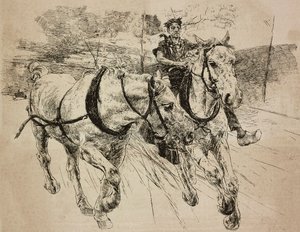 强化马车马匹，根据乔瓦尼-博尔迪尼的原画雕刻，来自《意大利画报》，第2期，1月9日 作者 乔凡尼·博尔迪尼（Giovanni Boldini）