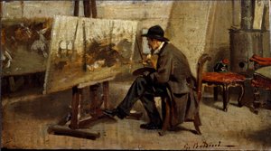 The painter Giovanni Fattori in his workshop Painting attributed to Giovanni Boldini (1842-1931) 1863-1869 Sun. 13x24 cm Milan private collection 作者 乔凡尼·博尔迪尼（Giovanni Boldini）