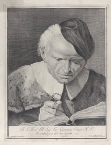 戴帽子的人拿着放大镜看书，1743年。   作者 乔瓦尼·卡蒂尼