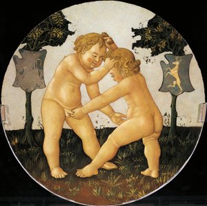 玩耍的普蒂，出生托盘背面的细节（圆画），约1450年，由乔万尼-迪-塞尔-乔万尼，又称洛-谢吉亚（1406-1486），木板上的蛋彩画。 作者 Giovanni Di Ser Giovanni Lo Scheggia Guidi