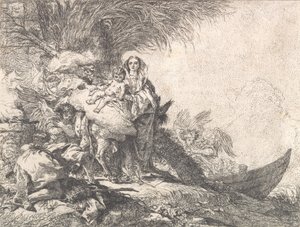 约瑟夫在烟坛附近向基督儿童致意，来自《飞往埃及》，1752年。 作者 乔瓦尼·多梅尼科·蒂埃波罗