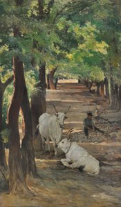 有牛和碎石机的大道，约 1875 年（布面油画） 作者 乔凡尼·法托里（Giovanni Fattori）