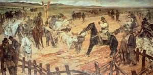 乔瓦尼-法托里（1825-1908）在马雷玛为年轻公牛做标记，布面油画，885厘米x175 作者 乔凡尼·法托里（Giovanni Fattori）