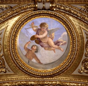 正义之爱。 Giovanni Romanelli（1601-1662）的绘画装饰了奥地利安妮女王（1601-1666）夏季公寓卧室的安东尼大厅的天花板。 1655-1658 年左右。 巴黎，卢浮宫博物馆。