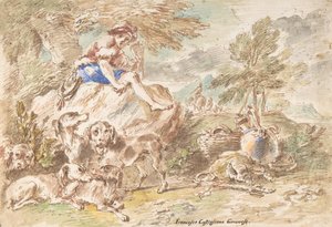 风景中的年轻猎人和他的狗，1641-1710。 作者 乔凡尼·弗朗切斯科·卡斯蒂廖内