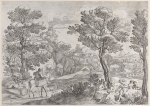 右边是一群人在玩牌，左边是一个骑马的人，1626-80。