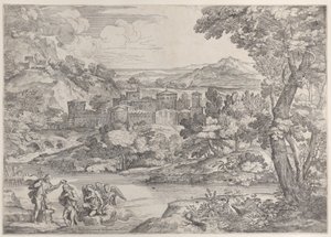 左下角的基督洗礼，在一幅风景画内，1626-80。