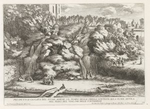 Landschap met cascade en Tempel van de Tiburtijnse Sibille te Tivoli
Prospetto e cascade del fiume aniene col tempio della sibilla (...) （标题在对象上）
蒂沃利 Estense 花园的喷泉（系列标题）
Fonteinen in de tuinen van Villa d