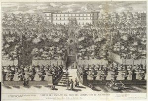 从花园的计划与其喷泉，从La Fontane，酒吧的宫殿的视图。 c 1691 作者 乔凡尼·弗朗切斯科·文图里尼