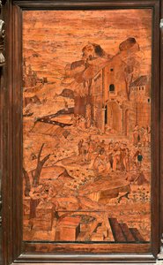 热那亚，Duomo（圣劳伦斯大教堂），内部，天顶，唱诗班，北侧："摩西从水中获救"，乔瓦尼-弗朗切斯科-赞贝里（十六世纪）的木质镶嵌画 作者 乔瓦尼·弗朗切斯科·赞贝利
