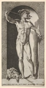 图14：水星站在壁iche里玩他的烟斗，一只老妇人的脑袋被切断了，1526。 作者 乔凡尼·雅各布·卡拉格里奥