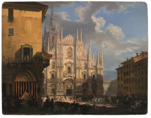 米兰大教堂广场、带顶棚的 Figini 和 Rebecchino 街区的景观（面板油画）