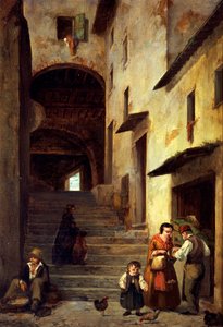 热那亚Riviera的Sestri Levante的街道景观，约1863年，由Giovanni Mochi（1829-1893）创作，布面油画，40x30厘米。