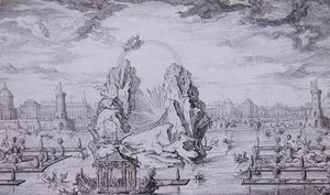 庆祝王储（路易十五之子）诞生的焰火，让-杜蒙（Le Romain）（1701-81）1730年镌刻的（蚀刻版）。 作者 乔瓦尼·尼科洛 (后) Servandoni