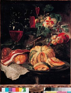 静物南瓜、熏肉、火腿、桃子和葡萄酒。Giovan Paolo Castelli dit Lo Spadino（1659-1730 年）的画作 1703 年，罗马，Conservatori capitolini 博物馆 作者 乔瓦尼·保罗·卡斯特利