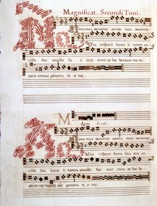 Magnificat，意大利作曲家乔瓦尼·皮耶路易吉·达·帕莱斯特里纳（Giovanni Pierluigi da Palestrina，1525 - 1594 年）的《曼图亚大杂烩》手稿。 作者 乔瓦尼·皮耶鲁吉（Giovanni Pierluigi da）（后）帕莱斯特里纳（Palestrina）