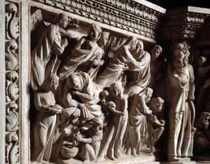 Giovanni Pisano（1248-1314）实现的椅子浮雕细节：施洗约翰的报喜、探访和诞生（大理石讲坛的浮雕细节、报喜、探访和圣约翰施洗者的诞生）1302 -1311 卡特 作者 乔凡尼·皮萨诺（Giovanni Pisano）