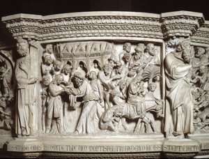 乔瓦尼·皮萨诺 (Giovanni Pisano)（1248-1314 年）实现的椅子浮雕细节：耶稣在圣殿的展示和逃往埃及（大理石讲坛的浮雕细节）1302-1311 年比萨大教堂（Duomo di Pisa） ， 意大利 作者 乔凡尼·皮萨诺（Giovanni Pisano）