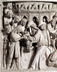 Giovanni Pisano (1248-1314) 实现的椅子浮雕细节：耶稣在寺庙中的展示（大理石讲坛的浮雕细节）1302-1311 意大利比萨大教堂（Duomo di Pisa） 作者 乔凡尼·皮萨诺（Giovanni Pisano）