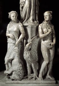 乔瓦尼·皮萨诺 (Giovanni Pisano)（1248-1314）实现的支撑椅子的雕刻团体的细节：两个主要美德（支撑大理石讲坛的雕塑细节，两个主要美德）1302-1311 比萨大教堂（比萨大教堂），意大利
