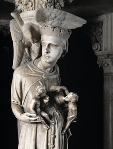乔瓦尼·皮萨诺 (Giovanni Pisano) (1248-1314) 实现的支撑椅子的雕刻团体的细节：教会滋养其孩子（支撑大理石讲坛的雕塑细节，教会喂养她的孩子）1302-1311 比萨大教堂（Duomo di Pis） 作者 乔凡尼·皮萨诺（Giovanni Pisano）