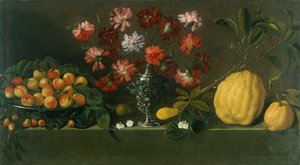 盘中梅花、瓮中康乃馨、礁石上的榅桲（油画） 作者 乔瓦尼·昆萨