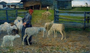 返回马stable。 1888年 作者 乔凡尼·塞甘蒂尼（Giovanni Segantini）