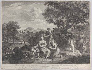 Primavera，一群妇女收集鲜花并用它们制作皇冠，约1764年。