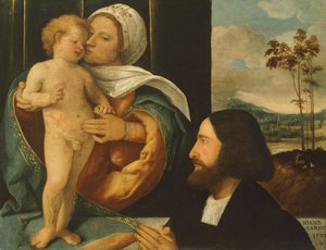 乔瓦尼·卡里亚尼 (Giovanni Cariani) 的《麦当娜与孩子和奉献者》（生于 1485 年至 1490 年 - 卒于 1547 年之后）