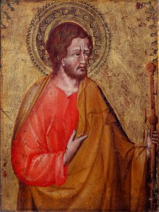 圣雅各伯列林的代表 这是圣雅各少校或圣雅各，西庇太的儿子。 Giovanni di Paolo (1395 / 1400-1482) 15 世纪阿西西，圣弗朗西斯科大教堂和帕金斯收藏博物馆 作者 乔瓦尼·迪·保罗