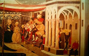 来自Adimari Cassone的正面描绘了洗礼堂前的婚礼场景，c.1450