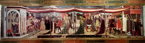 婚礼上有装饰 Cassone Adimari 的文艺复兴时期的面板。 在大教堂广场 (Plaza de la Cathedrale Santa Maria del Fiore) 的婚礼场景。 情侣们在树冠下前进。 乔瓦尼 (Giovanni) 的绘画 by Ser Giovanni Scheggia (1406-