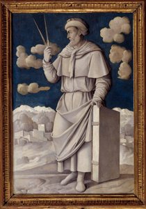 希腊数学家欧几里得（公元前 325-265 年）脚下的肖像，由 Girolamo Mocetto（1458-1531 年）1531 年在巴黎绘制。 Musee Jacquemart Andre - 欧几里得（公元前 325-265 年）的全长肖像，英国数学家。 Girolamo Mocetto (1458-1531) 的绘画