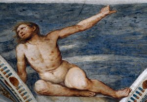 男性裸体，吉罗拉莫-罗曼尼诺（约1484-1559年后）的壁画细节，由贝尔纳多-克莱西奥委托创作。 作者 Girolamo Romanino