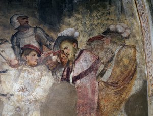 穿着盔甲的士兵和戴着帽子的人，Girolamo Romanino（约1484-1562年后）的壁画细节，布雷诺的圣安东尼修道院教堂长老会的左墙。意大利