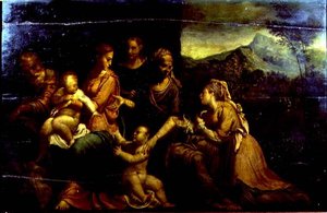圣凯瑟琳的神秘婚姻》（油画板）。 作者 Girolamo da (圆) Carpi