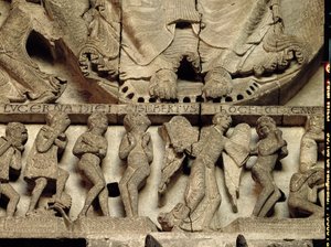 West Portal鼓室描绘最后的审判：基督脚的细节，天使和凡人，c.1130-35石灰石