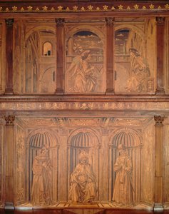 位于北圣器堂（Sacrestia delle Messe）的修复后的橱柜，描绘了天使报喜和一个主教的Enthroned（镶嵌木头）（见143298） 作者 朱利亚诺·达·马亚诺