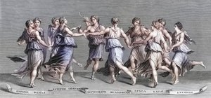 阿波罗与他的九位奥林匹斯缪斯女神共舞。打印 作者 朱利奥（之后）罗曼诺