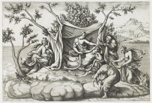 拉托纳（Latona）生下阿波罗（Apollo）和戴安娜（Diana），由戴安娜·曼托瓦（Diana Mantovana）（b.1535年）刻制，于1575年（刻） 作者 朱利奥（之后）罗曼诺