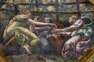 穹顶的细节，有年轻女子和葡萄，丘比特和普赛克的房间（Sala di Amore e Psiche） 作者 朱利奥（及工作坊）罗曼诺