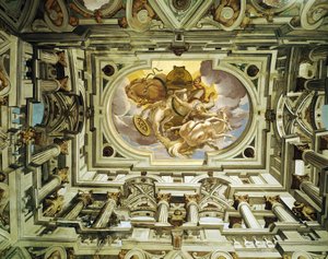 Cagnes (Alpes-Maritimes): ceiling of the hall of the old medieval castle, transformed in 1620; frescoes in trompe-l