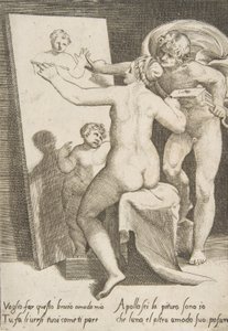 阿波罗站在一个女人旁边，代表了一个绘画的寓言，来自《爱......》，1531-60。 作者 朱利奥·博纳松