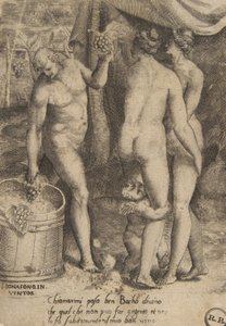 巴克斯给女人送葡萄，出自《众神的爱》，1531-60。 作者 朱利奥·博纳松