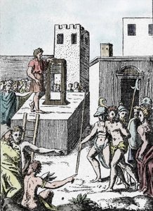 死刑：用意大利断头台（机器装饰）的祖先执行死刑，称为 Mannaia，由 Achille Bocchi 于 1555 年设计”” 由朱利奥·博纳松 (Bonasone) (1498-1574) 雕刻（代表 甘露