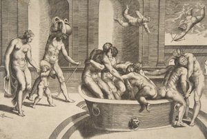 男人和女人在洗澡，有些人拥抱在一起，1531-76。