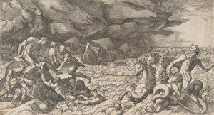 海王星平息了埃厄洛斯对埃涅阿斯舰队发起的暴风雨，1531-76。 作者 朱利奥·博纳松